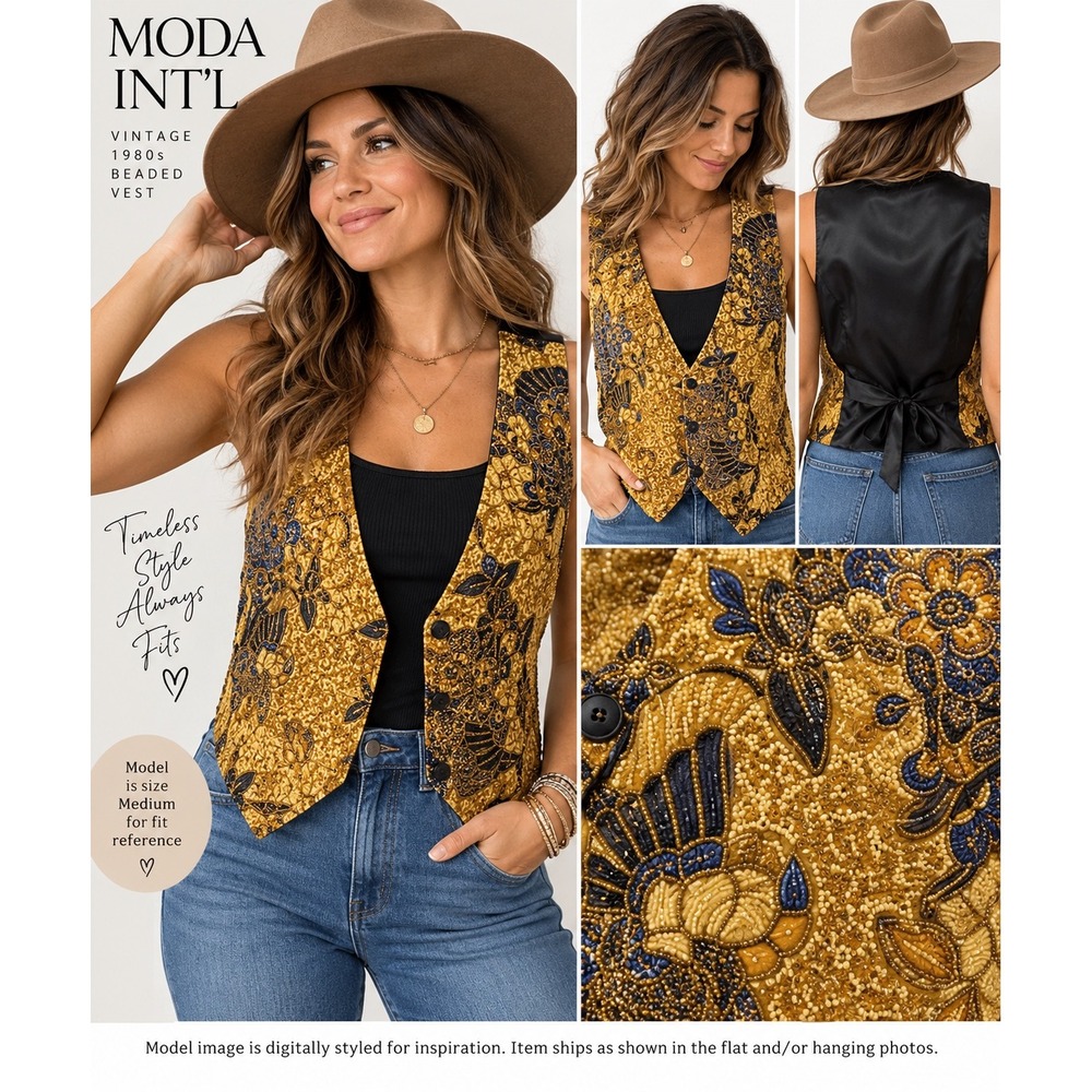 Vintage 1980s Moda Int'l Beaded Gold Navy Statement Vest M Boho